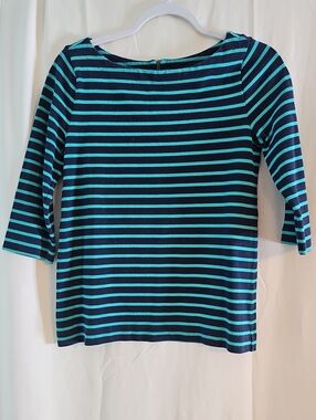 Loft Striped Navy and Teal 3/4 Sleeve Boatneck Top